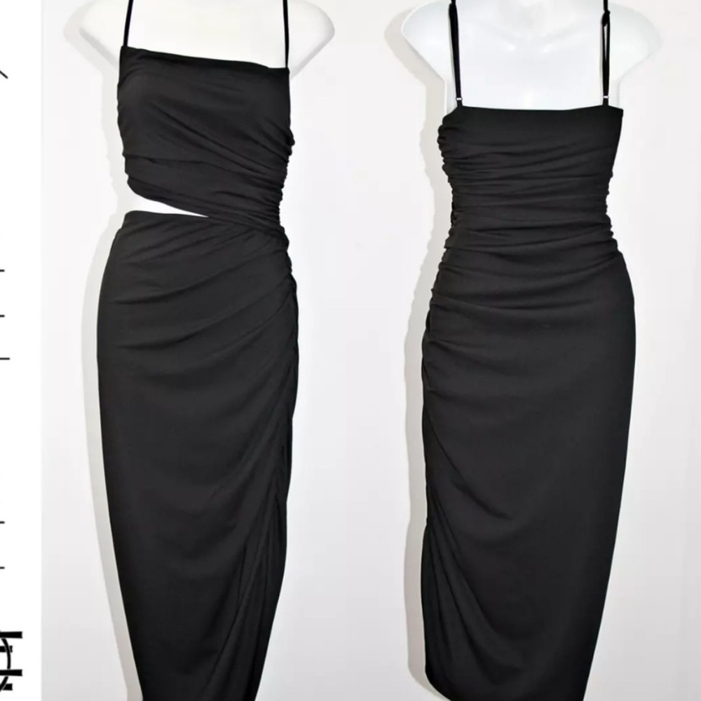 HOUSE OF HARLOW 1960 Cut Out Waist Ruched Side Jersey Midi Dress in Black sz M